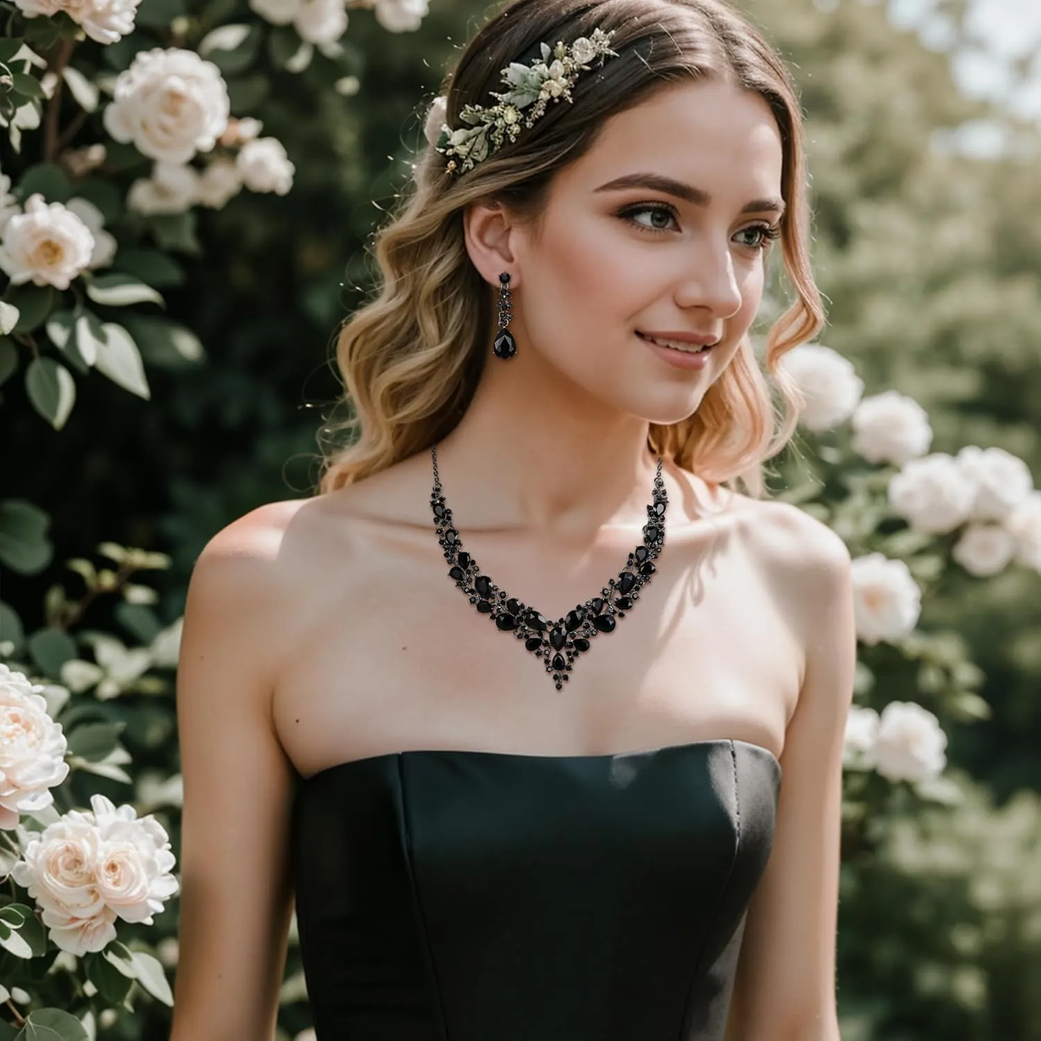BriLove Women's Wedding Bridal Austrian Crystal Teardrop Cluster Statement Necklace Dangle Earrings Jewelry Set