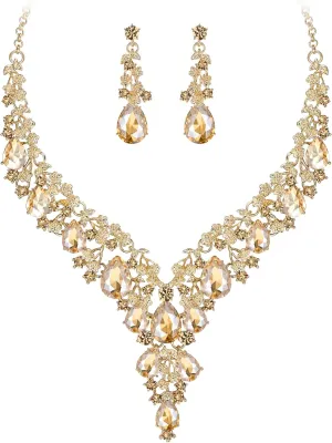 BriLove Women's Wedding Bridal Austrian Crystal Teardrop Flower Cluster Statement Necklace Dangle Earrings Jewelry Set for Party Prom