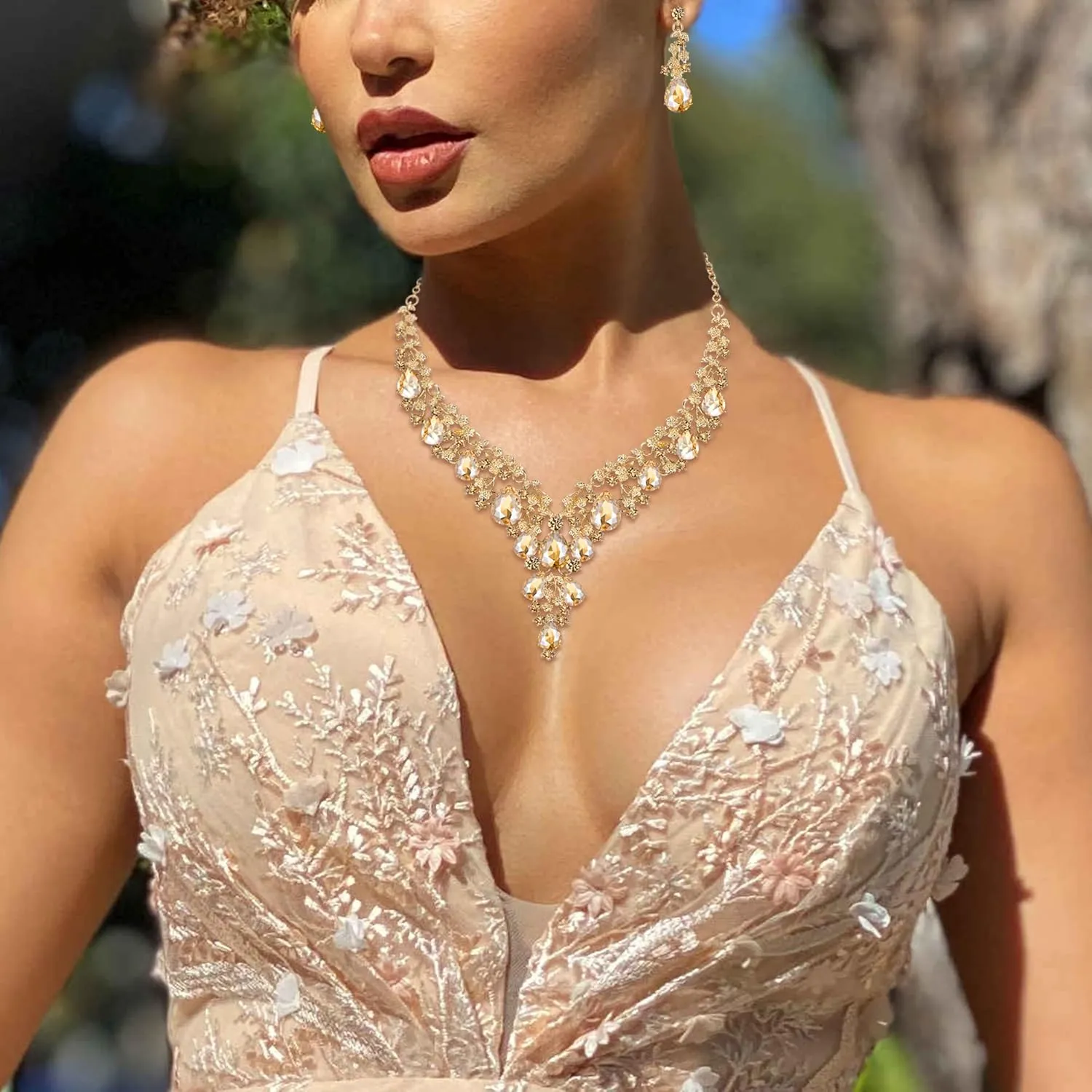 BriLove Women's Wedding Bridal Austrian Crystal Teardrop Flower Cluster Statement Necklace Dangle Earrings Jewelry Set for Party Prom