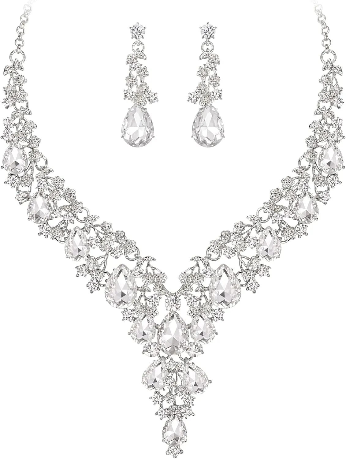 BriLove Women's Wedding Bridal Austrian Crystal Teardrop Flower Cluster Statement Necklace Dangle Earrings Jewelry Set for Party Prom