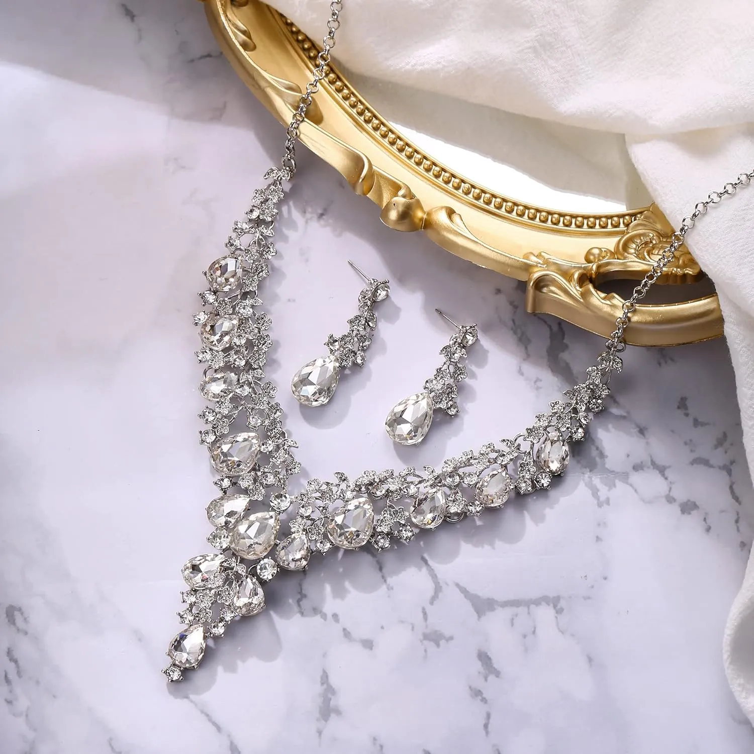 BriLove Women's Wedding Bridal Austrian Crystal Teardrop Flower Cluster Statement Necklace Dangle Earrings Jewelry Set for Party Prom