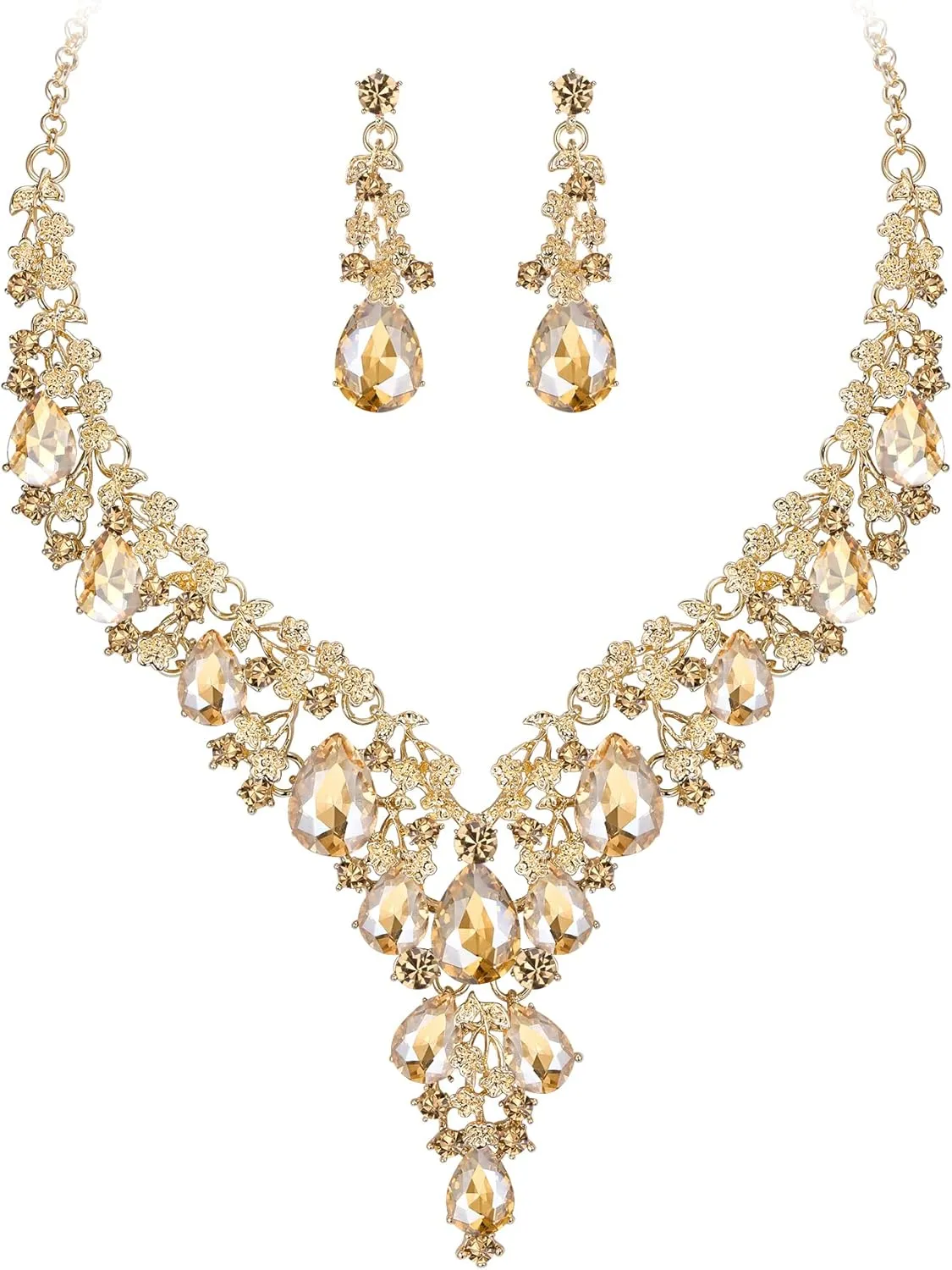 BriLove Women's Wedding Bridal Austrian Crystal Teardrop Flower Cluster Statement Necklace Dangle Earrings Jewelry Set for Party Prom