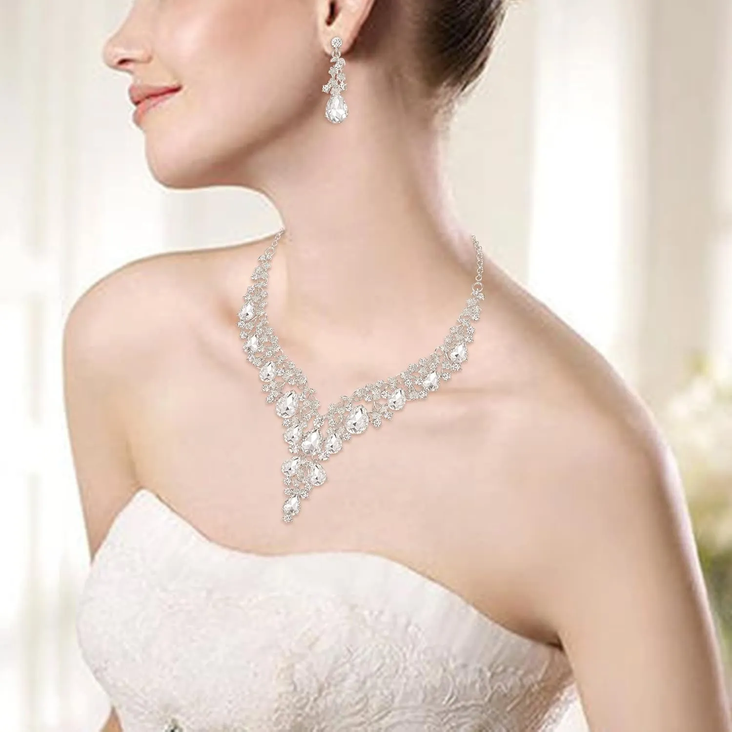 BriLove Women's Wedding Bridal Austrian Crystal Teardrop Flower Cluster Statement Necklace Dangle Earrings Jewelry Set for Party Prom
