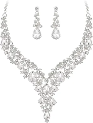 BriLove Women's Wedding Bridal Austrian Crystal Teardrop Flower Cluster Statement Necklace Dangle Earrings Jewelry Set for Party Prom