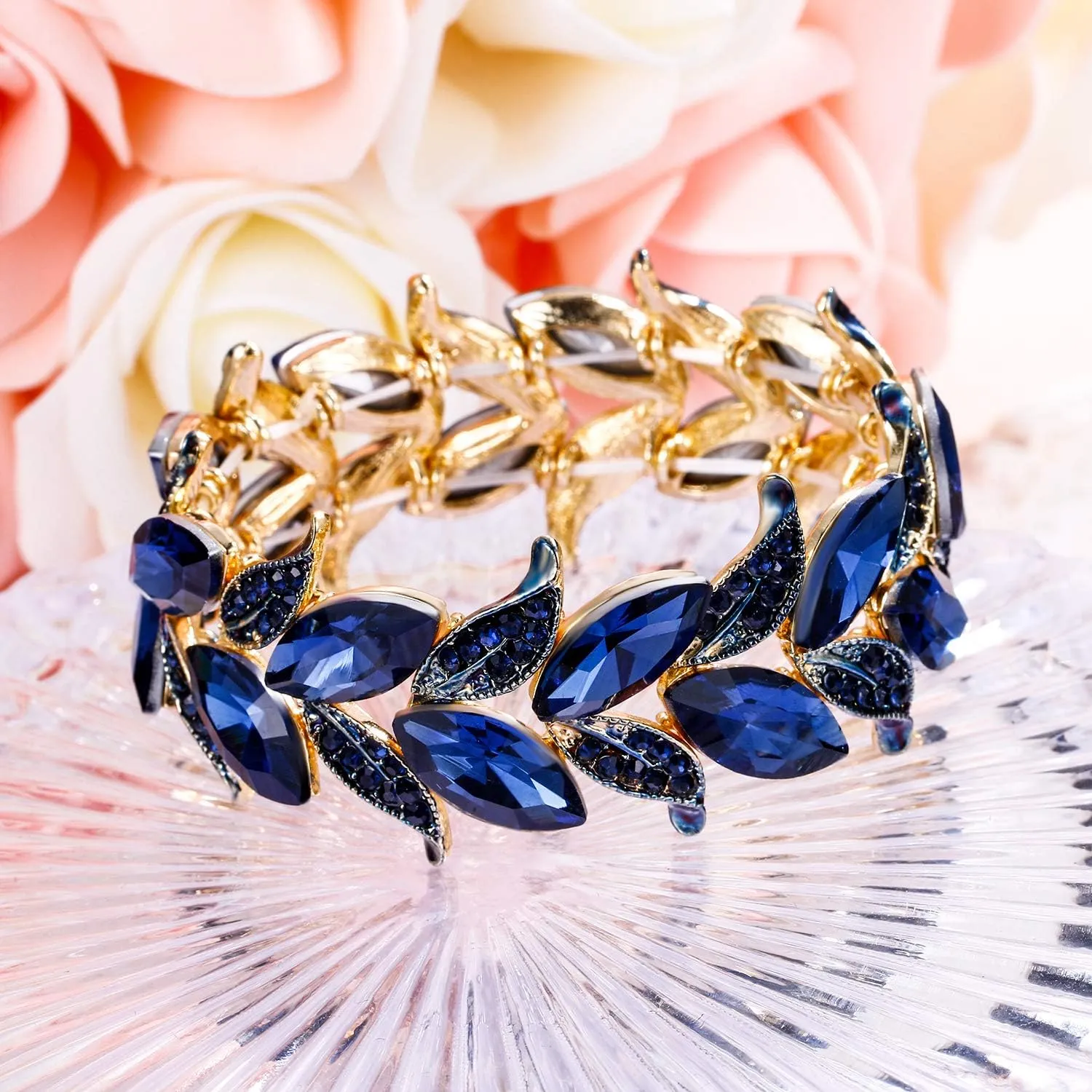BriLove Women's Wedding Bridal Crystal Marquise-Shape Leaf Stretch Bangle Bracelet