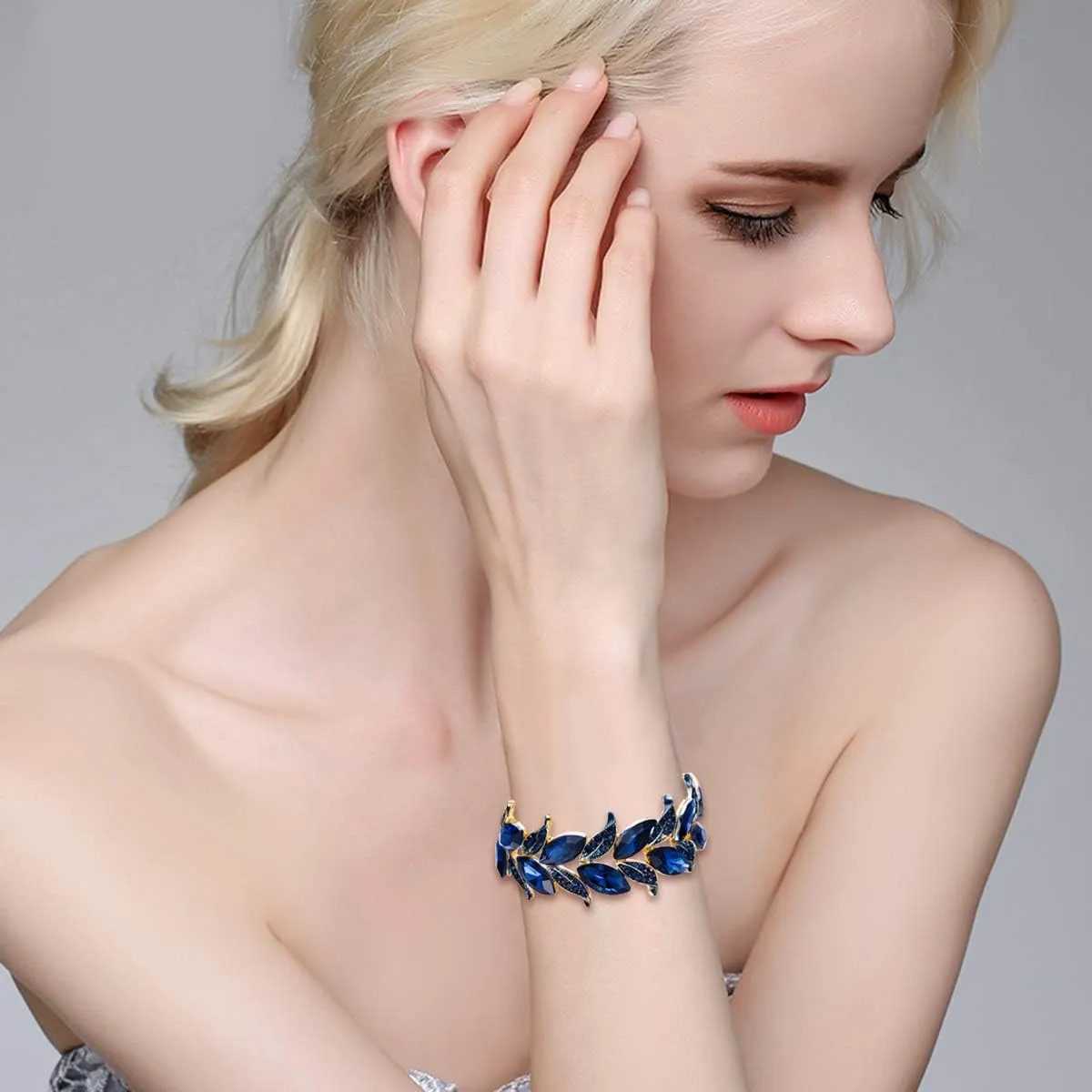 BriLove Women's Wedding Bridal Crystal Marquise-Shape Leaf Stretch Bangle Bracelet