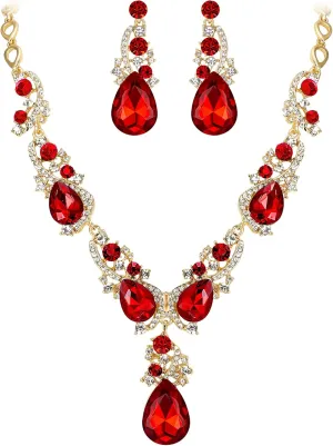 BriLove Women's Wedding Bridal Crystal Multi Teardrop Cluster Statement Necklace Dangle Earrings Set