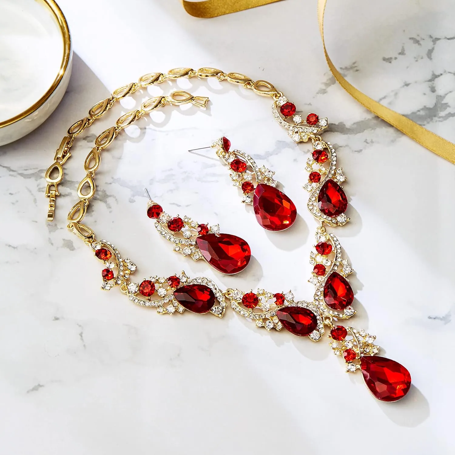 BriLove Women's Wedding Bridal Crystal Multi Teardrop Cluster Statement Necklace Dangle Earrings Set