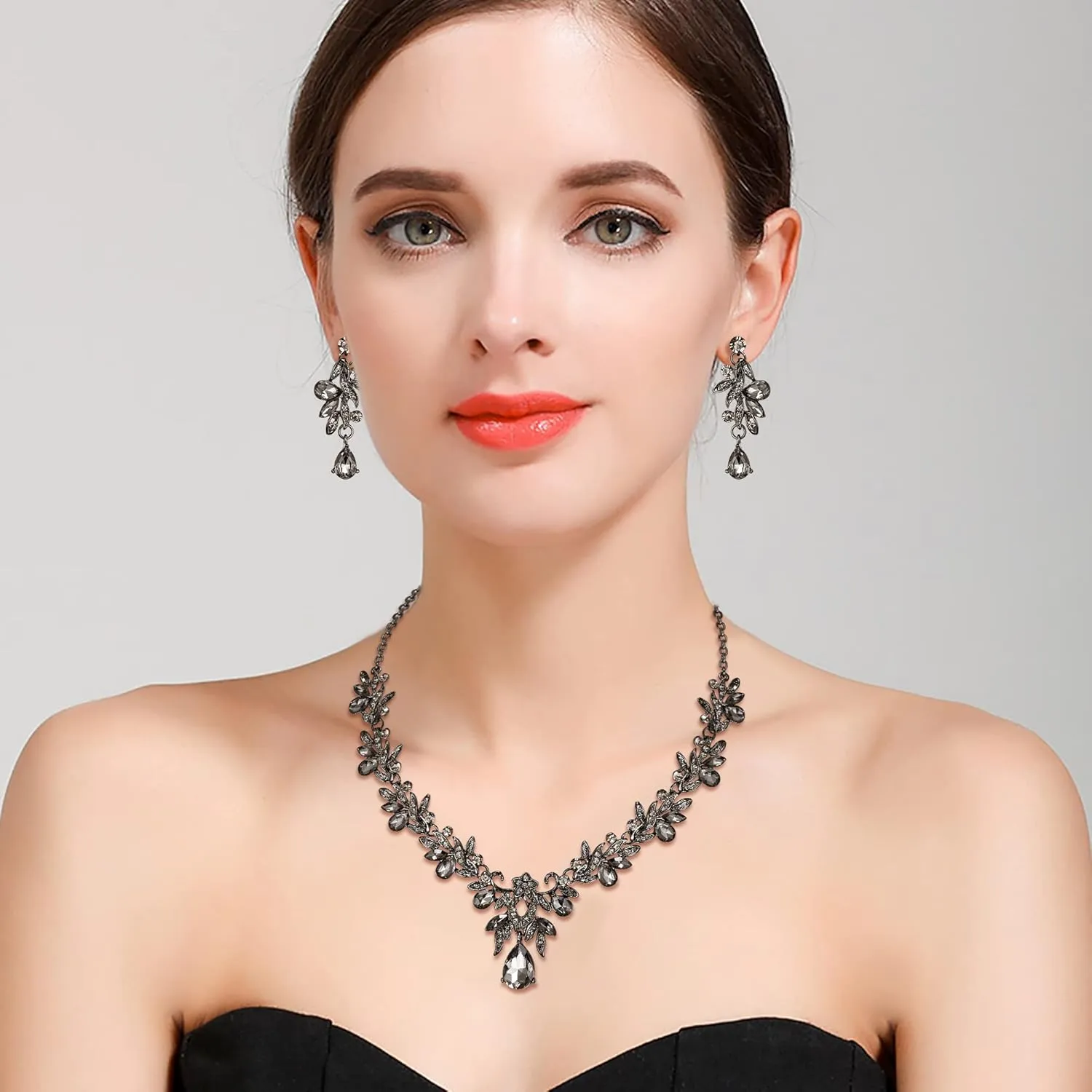 BriLove Women's Wedding Jewelery Set Leaf Flower Crystal Teardrop Marquise Cluster Pendant Necklace Dangle Earrings for Bridal Party