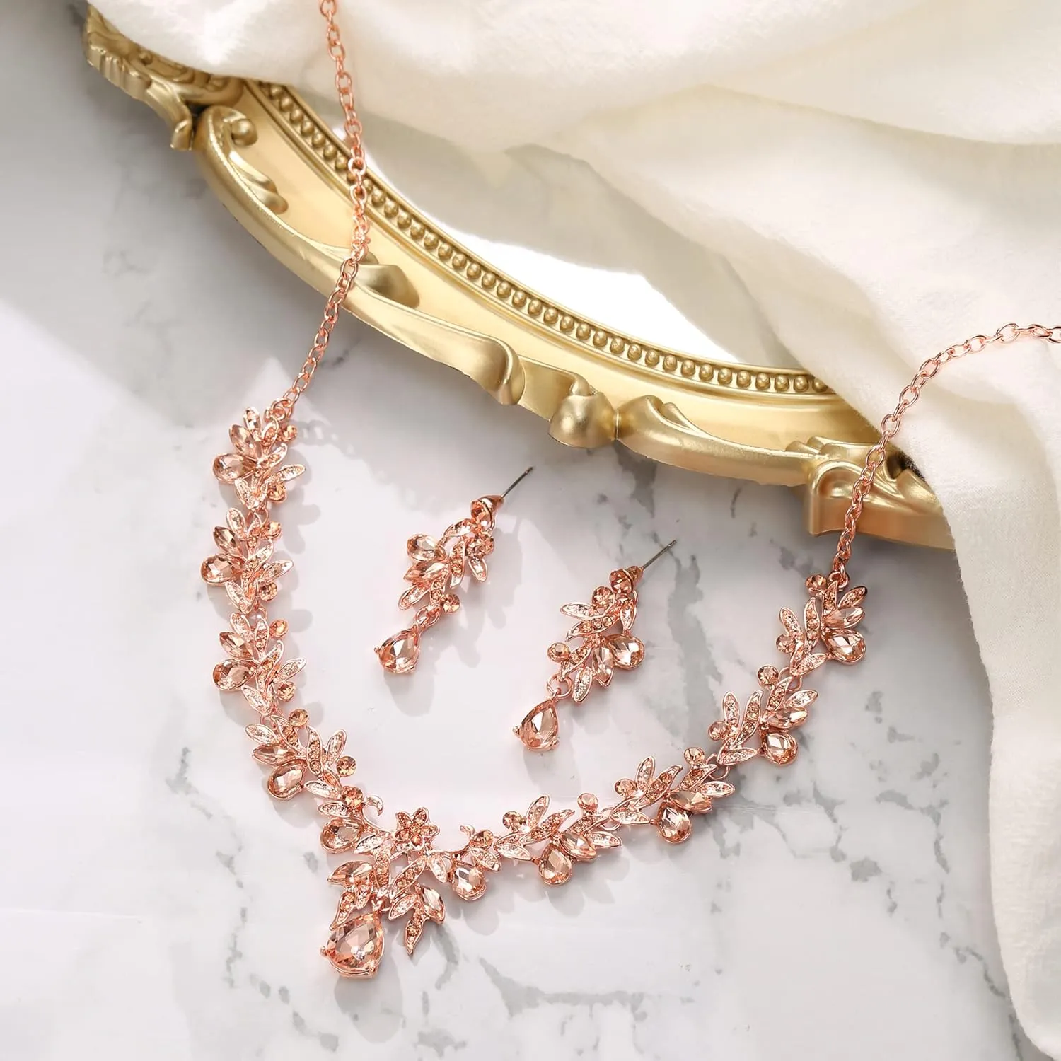BriLove Women's Wedding Jewelery Set Leaf Flower Crystal Teardrop Marquise Cluster Pendant Necklace Dangle Earrings for Bridal Party