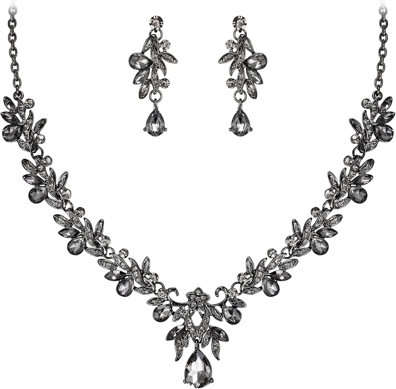 BriLove Women's Wedding Jewelery Set Leaf Flower Crystal Teardrop Marquise Cluster Pendant Necklace Dangle Earrings for Bridal Party