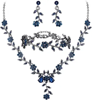 BriLove Women's Wedding Jewelry Leaf Cluster Flower Crystal Dangle Earrings Pendant Necklace Set for Bridal