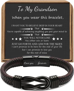      Brown Braided Leather Stainless Steel Infinity Bracelets Lettering Love You Forever Gifts for Son Grandson Husband Boyfriend Brother Always Linked Together