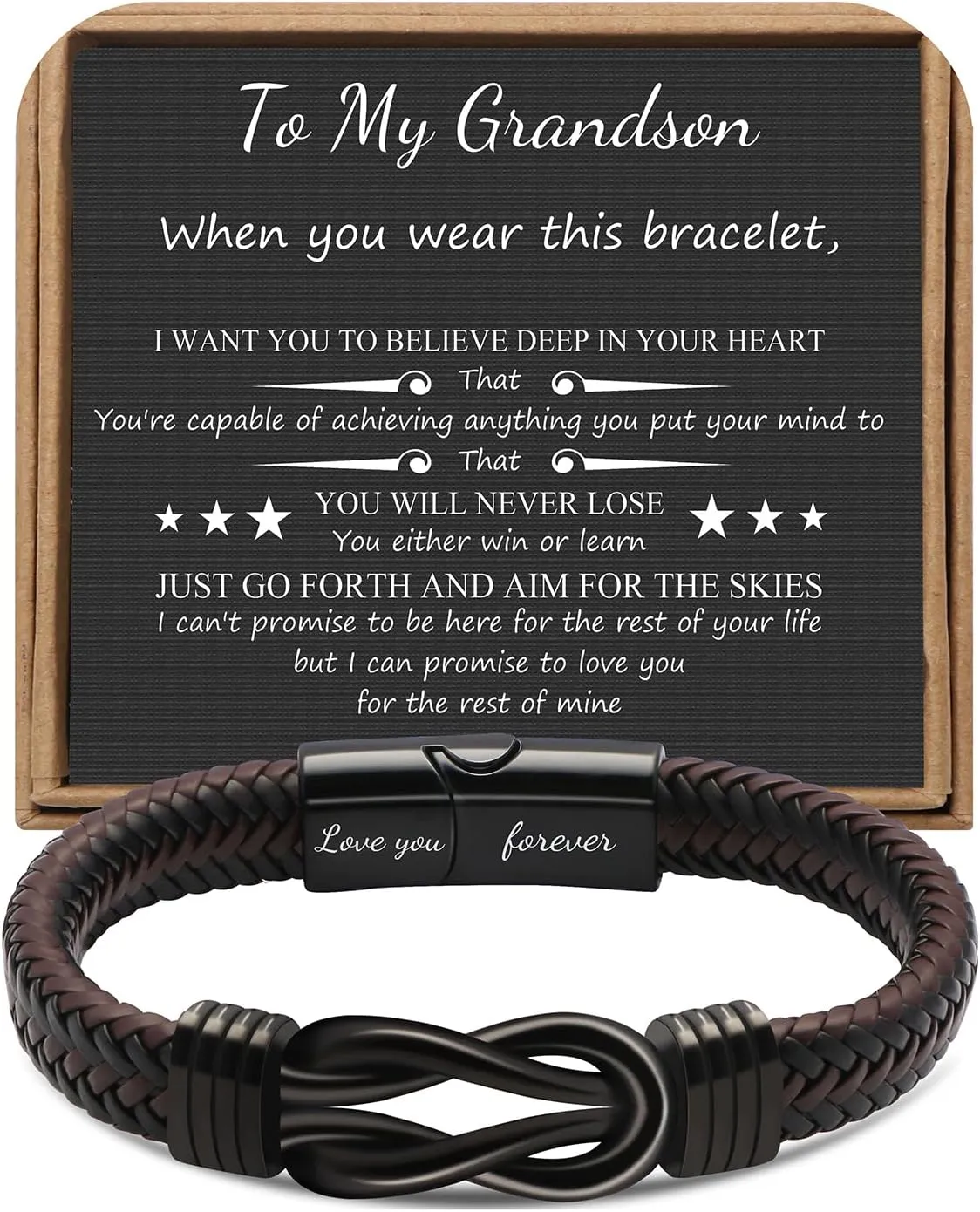      Brown Braided Leather Stainless Steel Infinity Bracelets Lettering Love You Forever Gifts for Son Grandson Husband Boyfriend Brother Always Linked Together