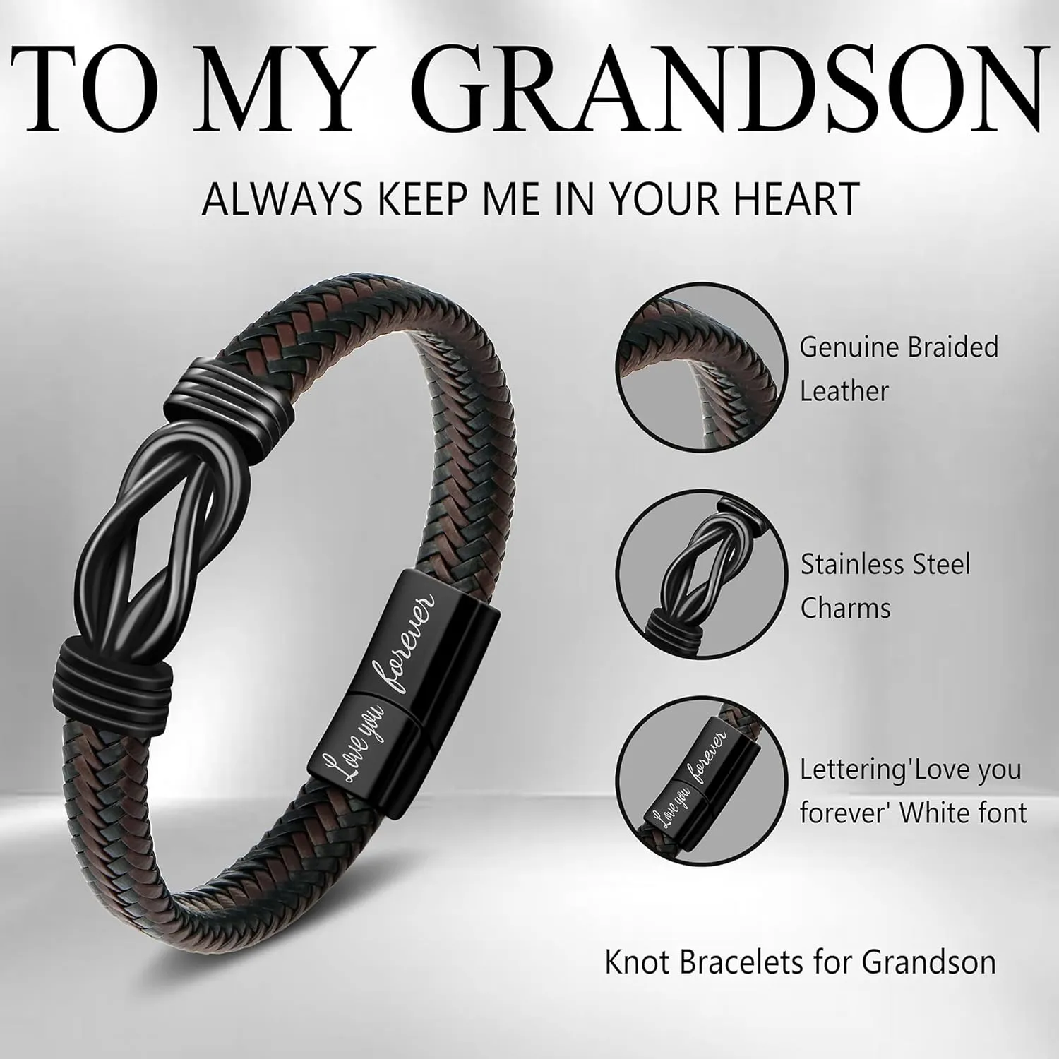      Brown Braided Leather Stainless Steel Infinity Bracelets Lettering Love You Forever Gifts for Son Grandson Husband Boyfriend Brother Always Linked Together