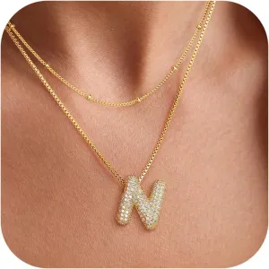 Bubble Letter Necklace, Gold Balloon Initial Necklaces for Women, Cubic Zirconia Dainty Charm Alphabet Pendant, 18K Gold Plated Custom Name Choker, Trendy Puffy Personalized Jewelry