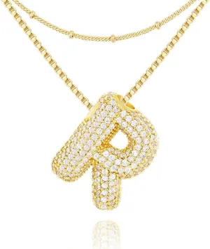 Bubble Letter Necklace, Gold Balloon Initial Necklaces for Women, Cubic Zirconia Dainty Charm Alphabet Pendant, 18K Gold Plated Custom Name Choker, Trendy Puffy Personalized Jewelry