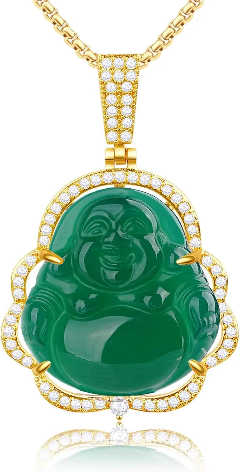 Buddha Necklace Green Jade Laughing Buddha 18K Gold Plated Chain Buddah Necklaces for Women Men Moms Gifts Luxury Jewelry Gifts for Her Him