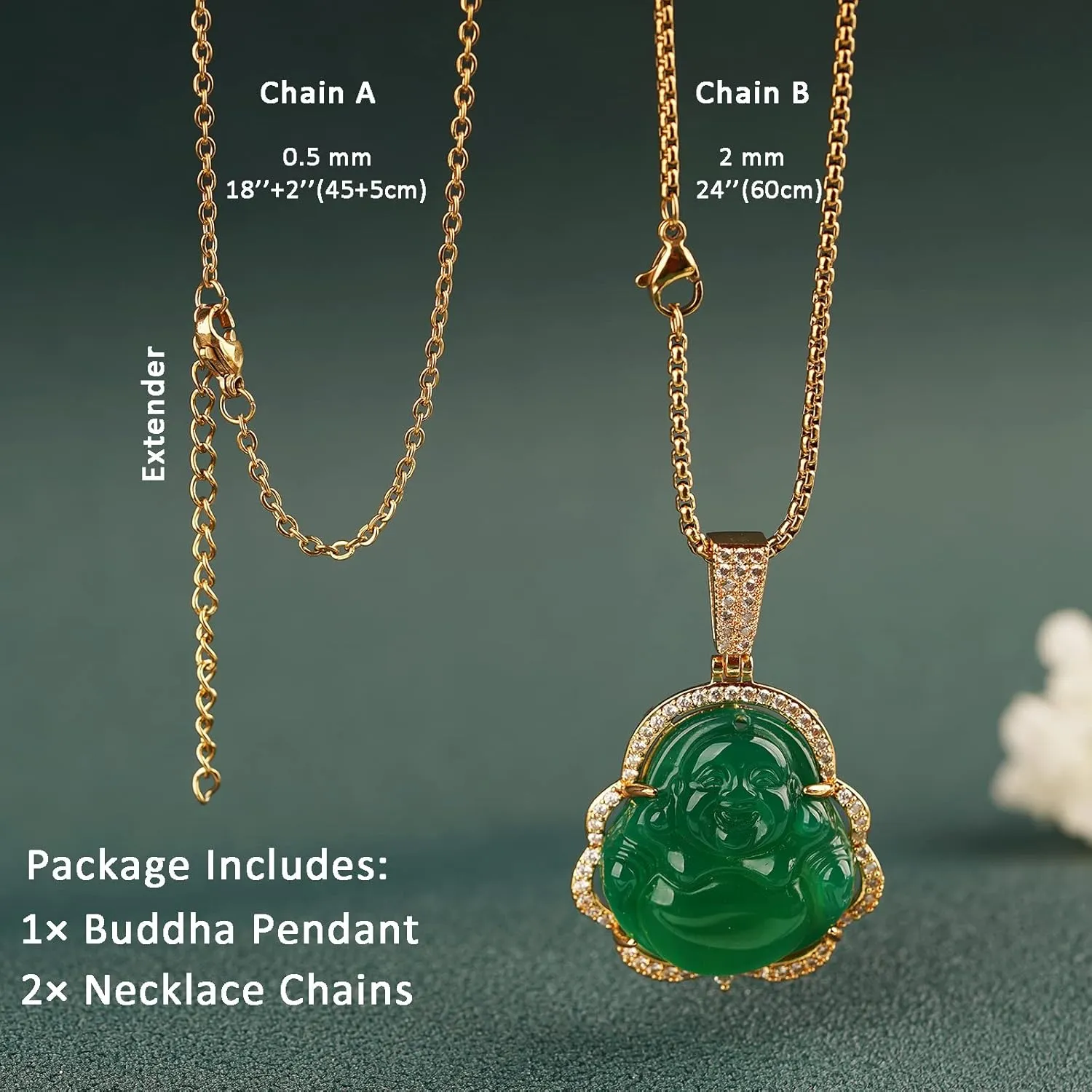 Buddha Necklace Green Jade Laughing Buddha 18K Gold Plated Chain Buddah Necklaces for Women Men Moms Gifts Luxury Jewelry Gifts for Her Him