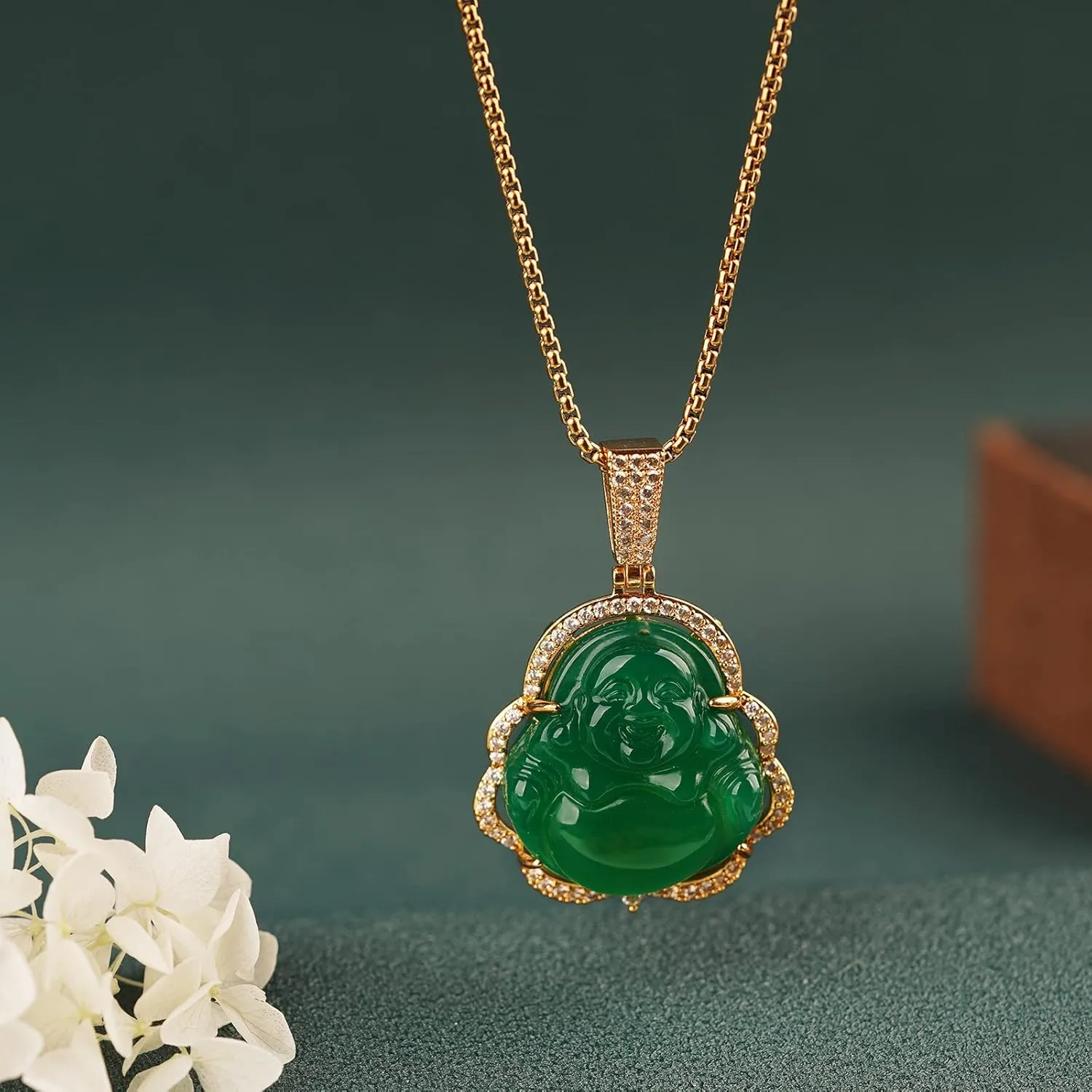 Buddha Necklace Green Jade Laughing Buddha 18K Gold Plated Chain Buddah Necklaces for Women Men Moms Gifts Luxury Jewelry Gifts for Her Him