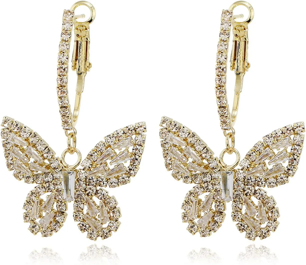 Butterfly Hoop Dangling Earrings For Women,Crystal Rhinestone CZ Drop Earrings For Lady,Gold Plated Cubic Zirconia Earrings for Prom Wedding Brides