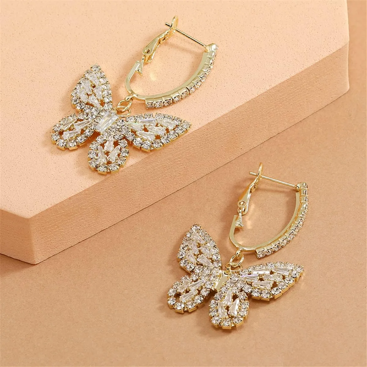 Butterfly Hoop Dangling Earrings For Women,Crystal Rhinestone CZ Drop Earrings For Lady,Gold Plated Cubic Zirconia Earrings for Prom Wedding Brides
