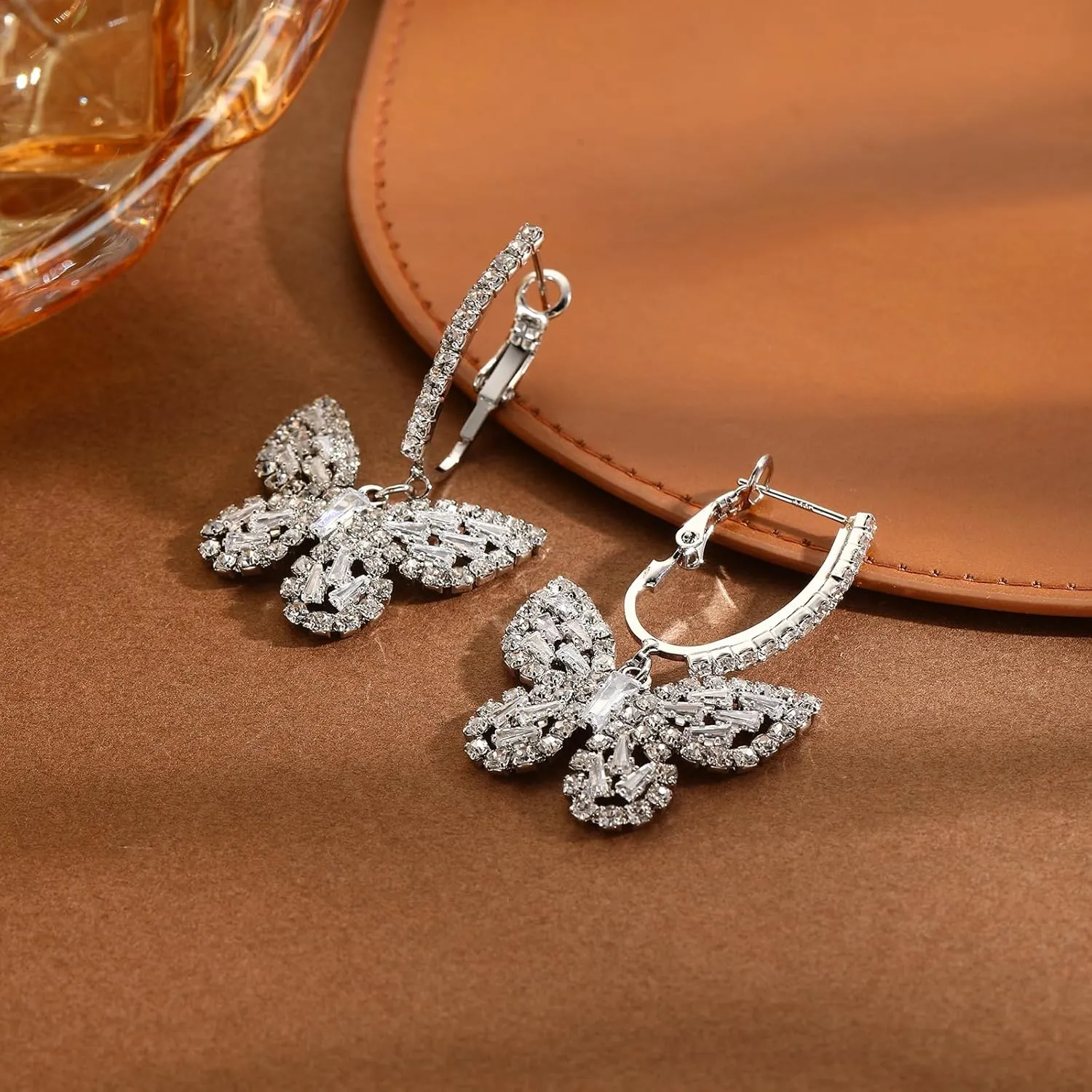 Butterfly Hoop Dangling Earrings For Women,Crystal Rhinestone CZ Drop Earrings For Lady,Gold Plated Cubic Zirconia Earrings for Prom Wedding Brides