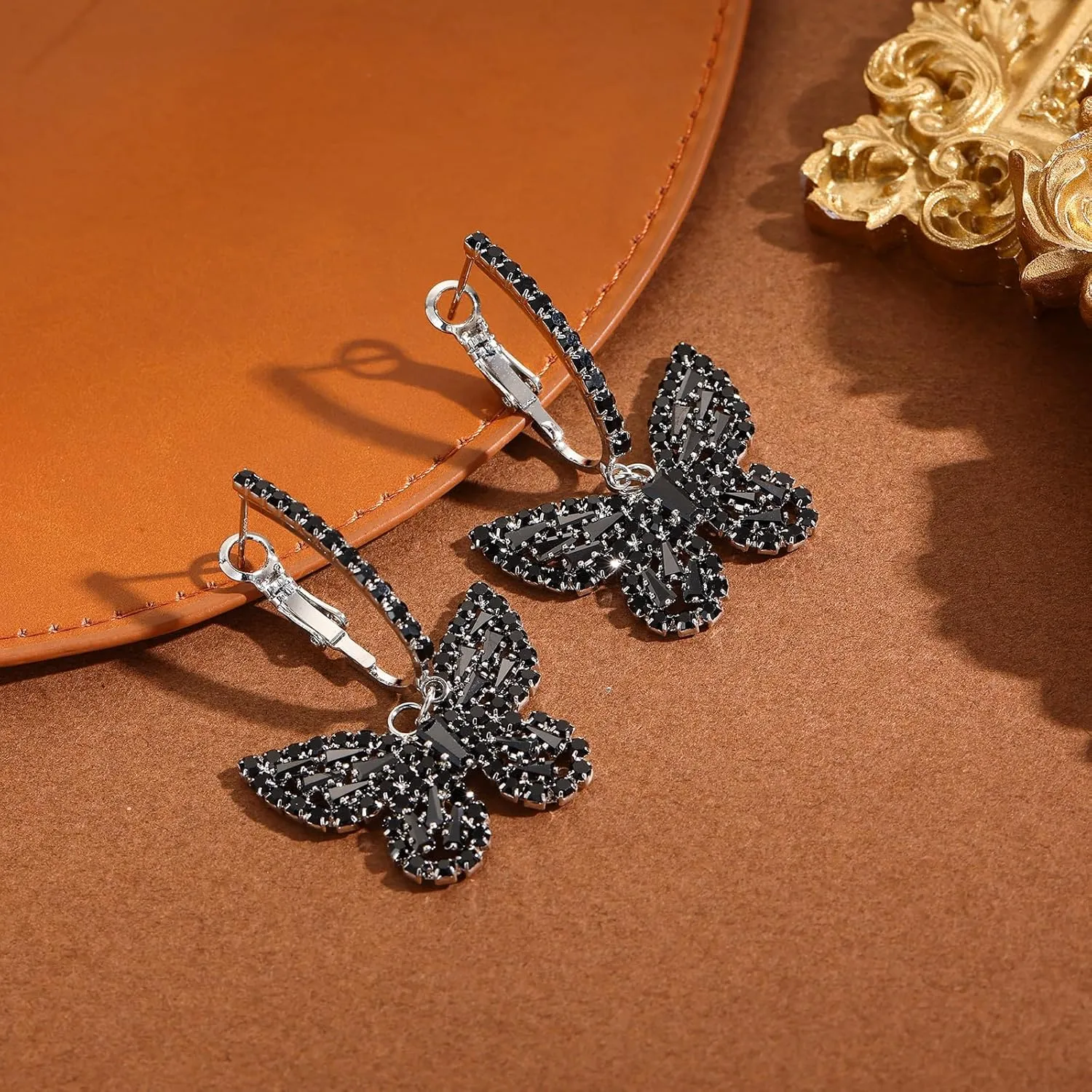 Butterfly Hoop Dangling Earrings For Women,Crystal Rhinestone CZ Drop Earrings For Lady,Gold Plated Cubic Zirconia Earrings for Prom Wedding Brides