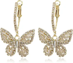 Butterfly Hoop Dangling Earrings For Women,Crystal Rhinestone CZ Drop Earrings For Lady,Gold Plated Cubic Zirconia Earrings for Prom Wedding Brides