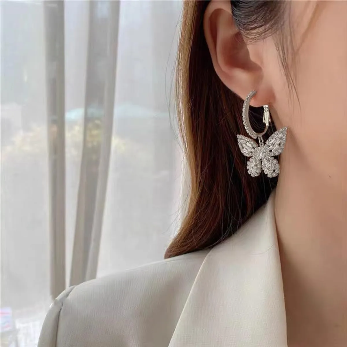 Butterfly Hoop Dangling Earrings For Women,Crystal Rhinestone CZ Drop Earrings For Lady,Gold Plated Cubic Zirconia Earrings for Prom Wedding Brides