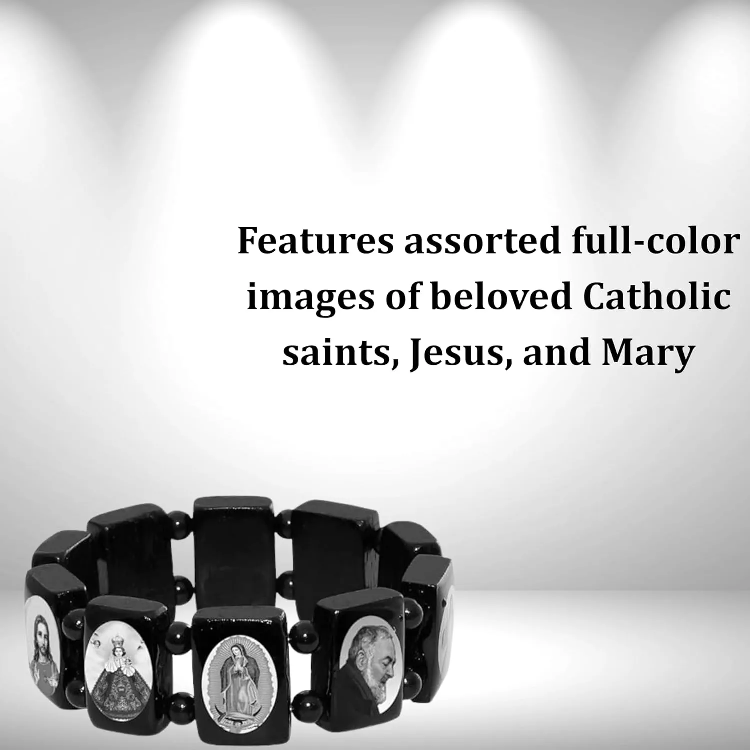 Catholica Shop Devotional Catholic Religious Wood Stretch Bracelets. Small and Large Panels with Assorted Images of Saints, Jesus and Mary. Unisex. Made in Brazil