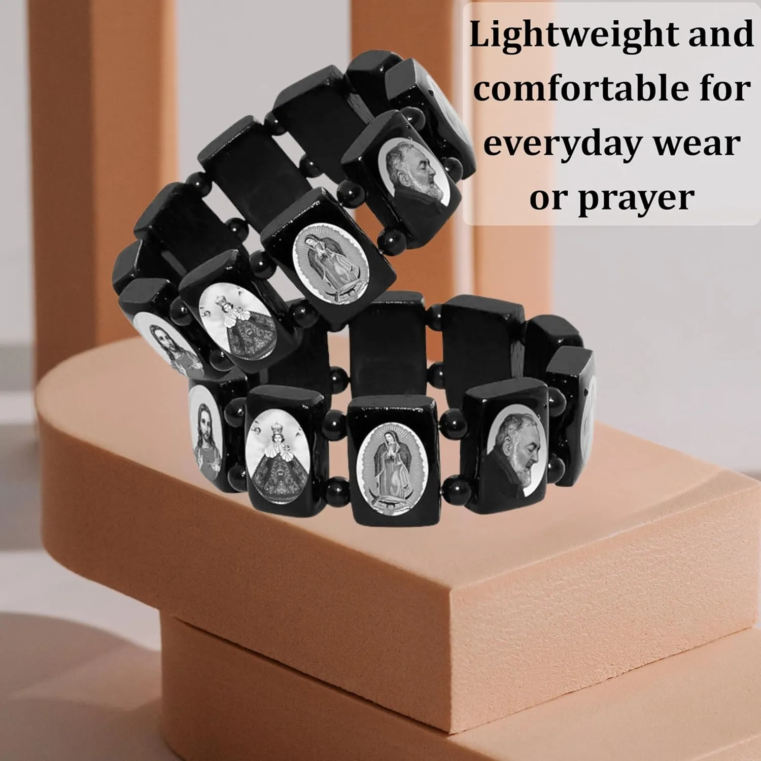Catholica Shop Devotional Catholic Religious Wood Stretch Bracelets. Small and Large Panels with Assorted Images of Saints, Jesus and Mary. Unisex. Made in Brazil