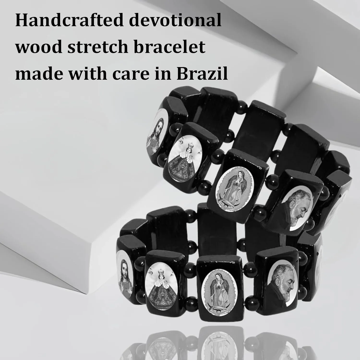 Catholica Shop Devotional Catholic Religious Wood Stretch Bracelets. Small and Large Panels with Assorted Images of Saints, Jesus and Mary. Unisex. Made in Brazil