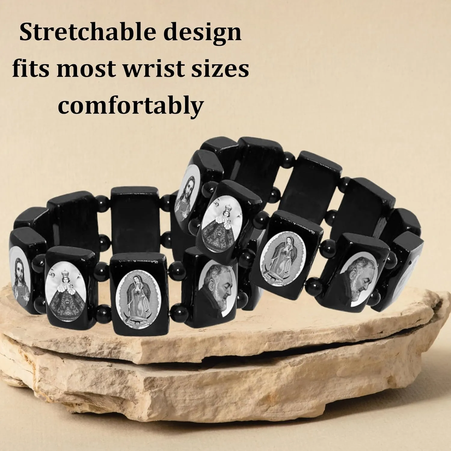 Catholica Shop Devotional Catholic Religious Wood Stretch Bracelets. Small and Large Panels with Assorted Images of Saints, Jesus and Mary. Unisex. Made in Brazil