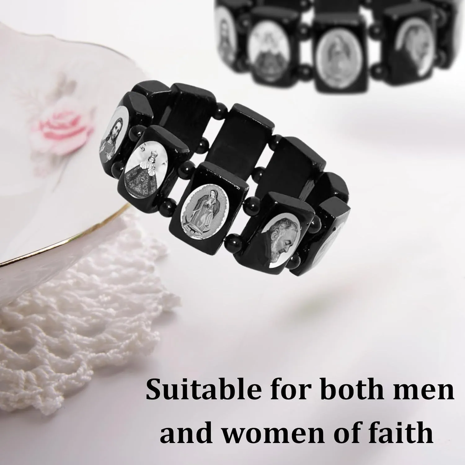 Catholica Shop Devotional Catholic Religious Wood Stretch Bracelets. Small and Large Panels with Assorted Images of Saints, Jesus and Mary. Unisex. Made in Brazil