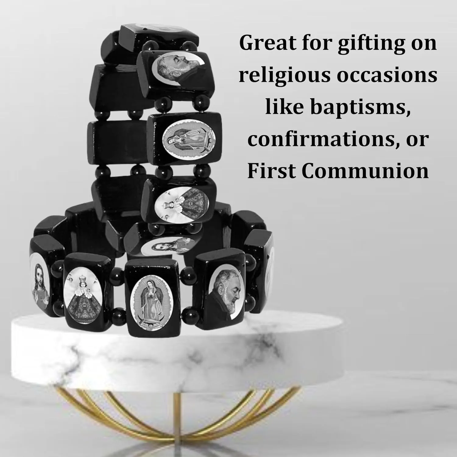 Catholica Shop Devotional Catholic Religious Wood Stretch Bracelets. Small and Large Panels with Assorted Images of Saints, Jesus and Mary. Unisex. Made in Brazil