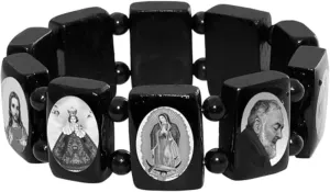 Catholica Shop Devotional Catholic Religious Wood Stretch Bracelets. Small and Large Panels with Assorted Images of Saints, Jesus and Mary. Unisex. Made in Brazil