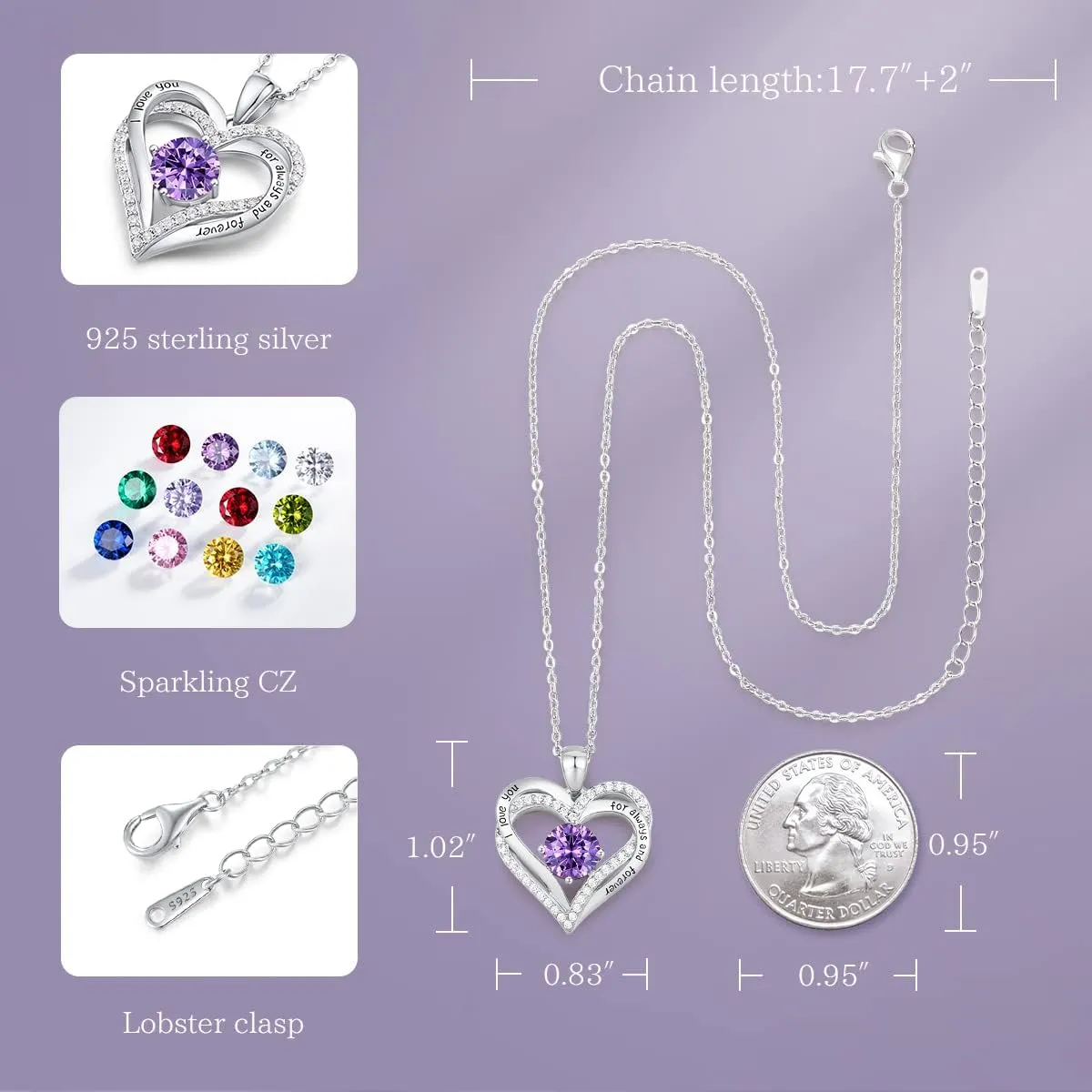 CDE Forever Love Heart Necklaces for Women, Wedding Anniversary, Birthday Mothers Day Gifts for Mom, Mother, Wife, Girlfriend, S925 Silver Jewelry with Birthstone Pendant