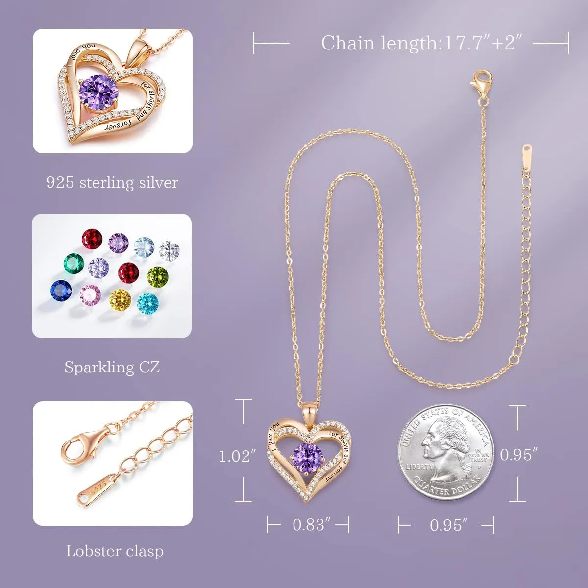 CDE Forever Love Heart Necklaces for Women, Wedding Anniversary, Birthday Mothers Day Gifts for Mom, Mother, Wife, Girlfriend, S925 Silver Jewelry with Birthstone Pendant