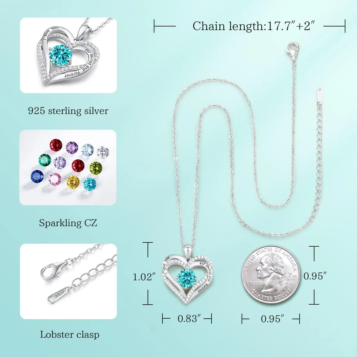 CDE Forever Love Heart Necklaces for Women, Wedding Anniversary, Birthday Mothers Day Gifts for Mom, Mother, Wife, Girlfriend, S925 Silver Jewelry with Birthstone Pendant