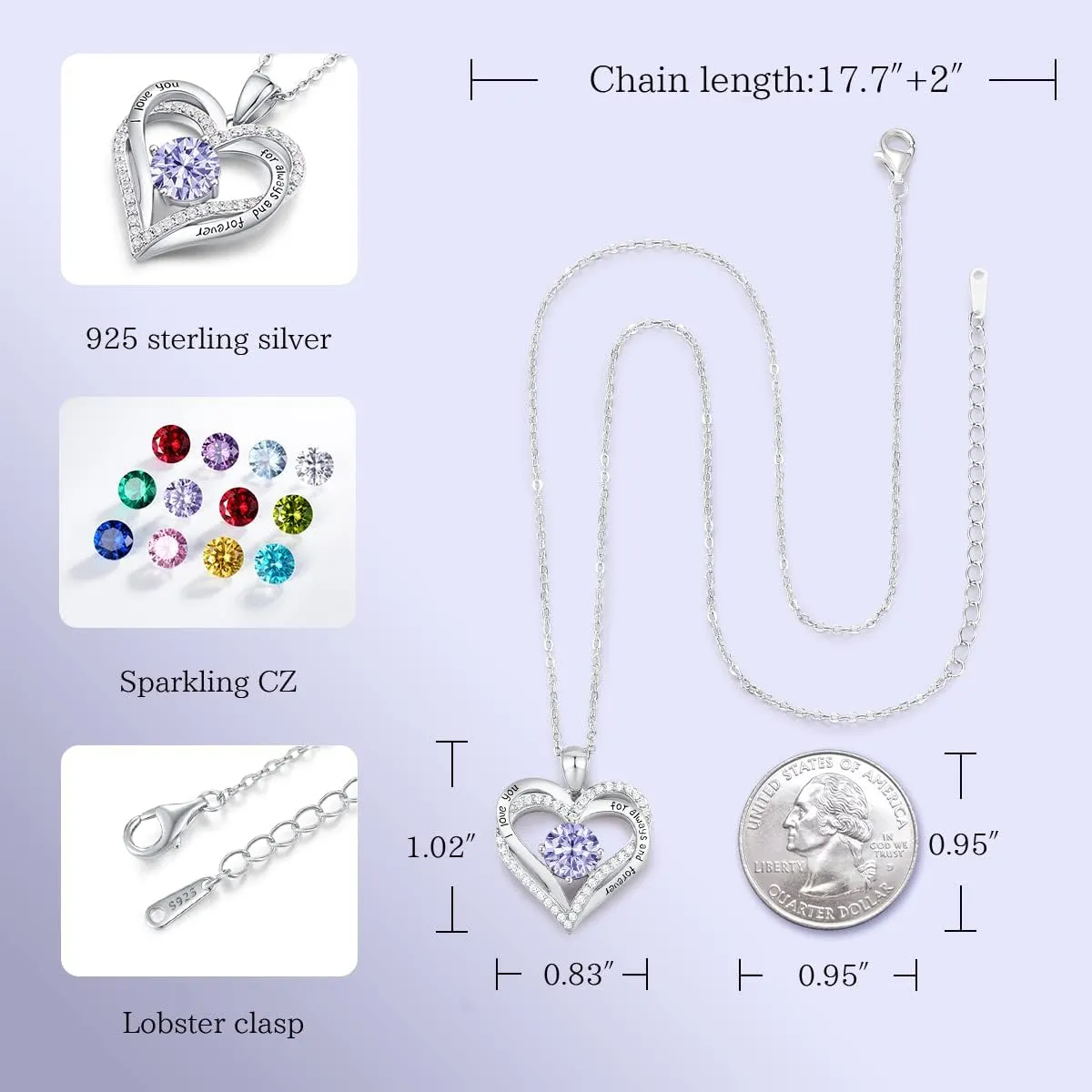 CDE Forever Love Heart Necklaces for Women, Wedding Anniversary, Birthday Mothers Day Gifts for Mom, Mother, Wife, Girlfriend, S925 Silver Jewelry with Birthstone Pendant