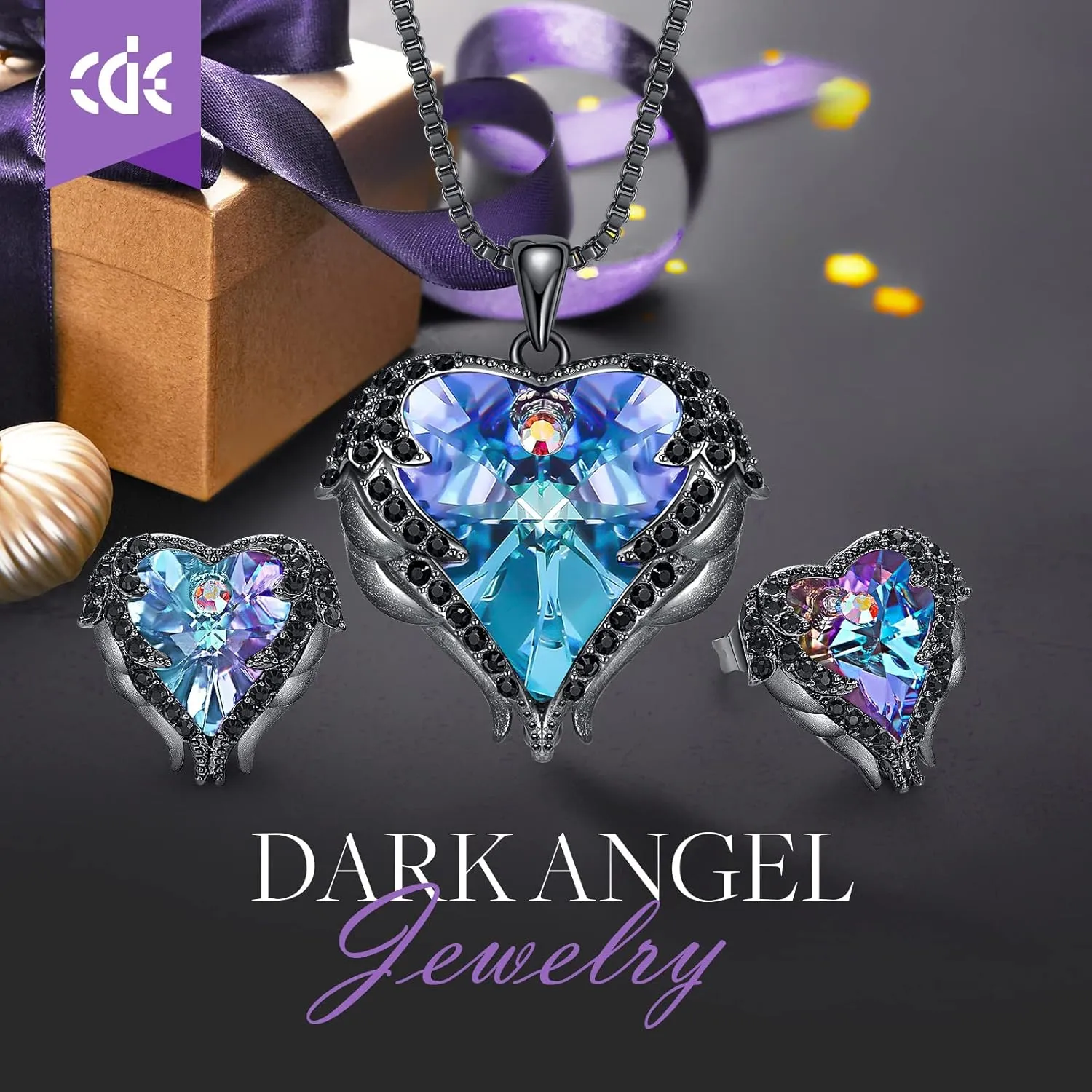 CDE Mothers Day Jewelry Set for Women, Angle Wing Heart Pendant Necklaces and Earrings with Birthstone Birthday/Anniversary Christmas Jewelry Gift for Women Wife Her