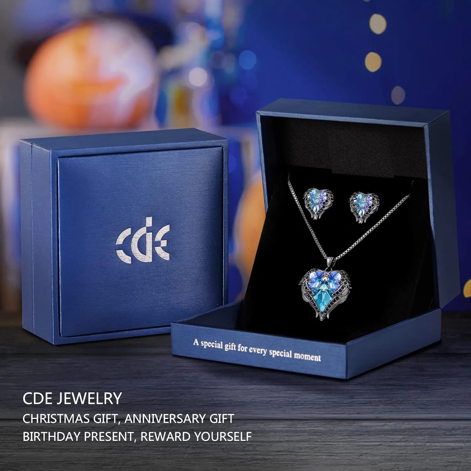 CDE Mothers Day Jewelry Set for Women, Angle Wing Heart Pendant Necklaces and Earrings with Birthstone Birthday/Anniversary Christmas Jewelry Gift for Women Wife Her