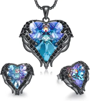 CDE Mothers Day Jewelry Set for Women, Angle Wing Heart Pendant Necklaces and Earrings with Birthstone Birthday/Anniversary Christmas Jewelry Gift for Women Wife Her