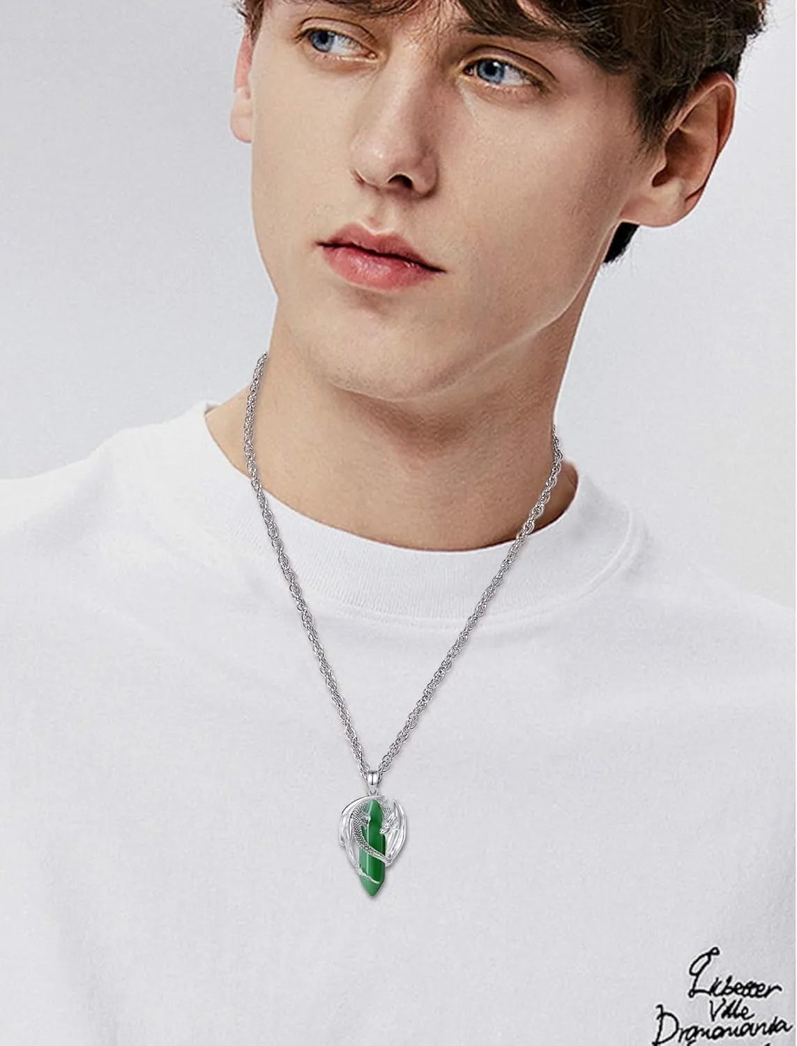 CELESTIA Silver-Plated Copper Dragon Necklace Crystal 7 Chakras, Rose Quartz, Turquoise, Obsidian, Amethyst, Malachite, White Crystal, Dongling Jade - 22'' 2'' Stainless Steel Singapore Chain