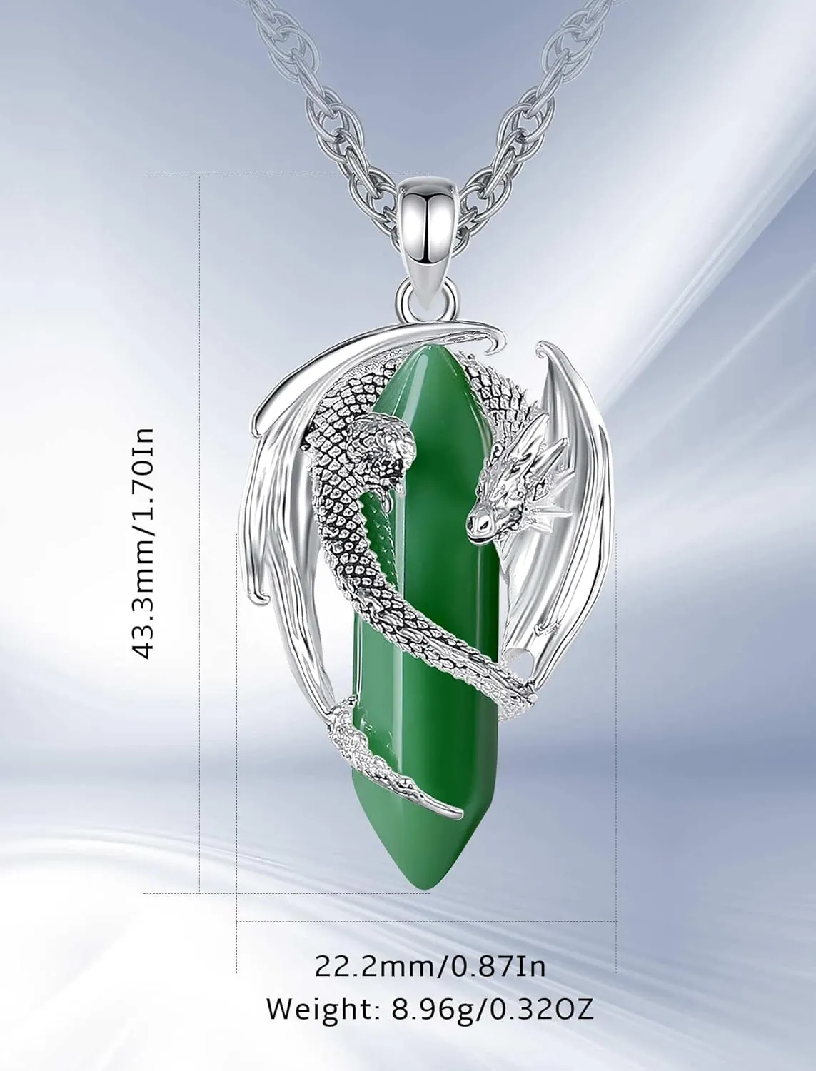 CELESTIA Silver-Plated Copper Dragon Necklace Crystal 7 Chakras, Rose Quartz, Turquoise, Obsidian, Amethyst, Malachite, White Crystal, Dongling Jade - 22'' 2'' Stainless Steel Singapore Chain