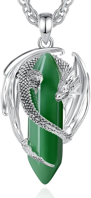CELESTIA Silver-Plated Copper Dragon Necklace Crystal 7 Chakras, Rose Quartz, Turquoise, Obsidian, Amethyst, Malachite, White Crystal, Dongling Jade - 22'' 2'' Stainless Steel Singapore Chain