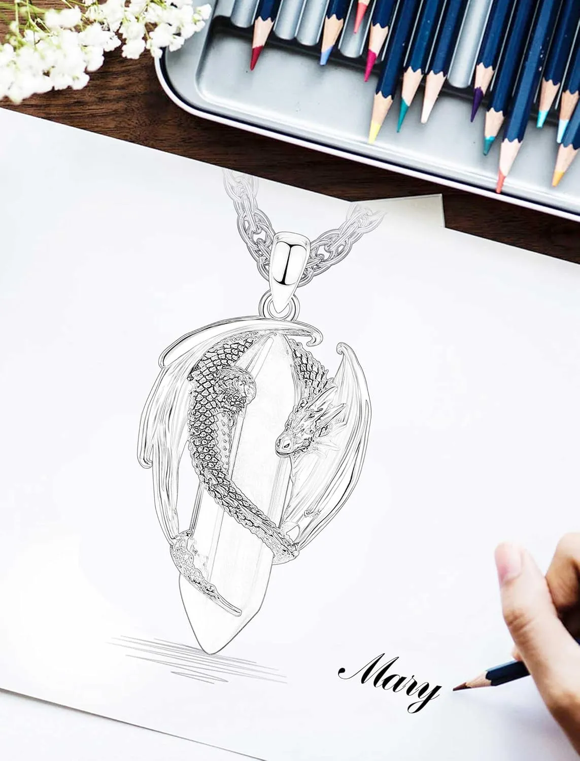 CELESTIA Silver-Plated Copper Dragon Necklace Crystal 7 Chakras, Rose Quartz, Turquoise, Obsidian, Amethyst, Malachite, White Crystal, Dongling Jade - 22'' 2'' Stainless Steel Singapore Chain