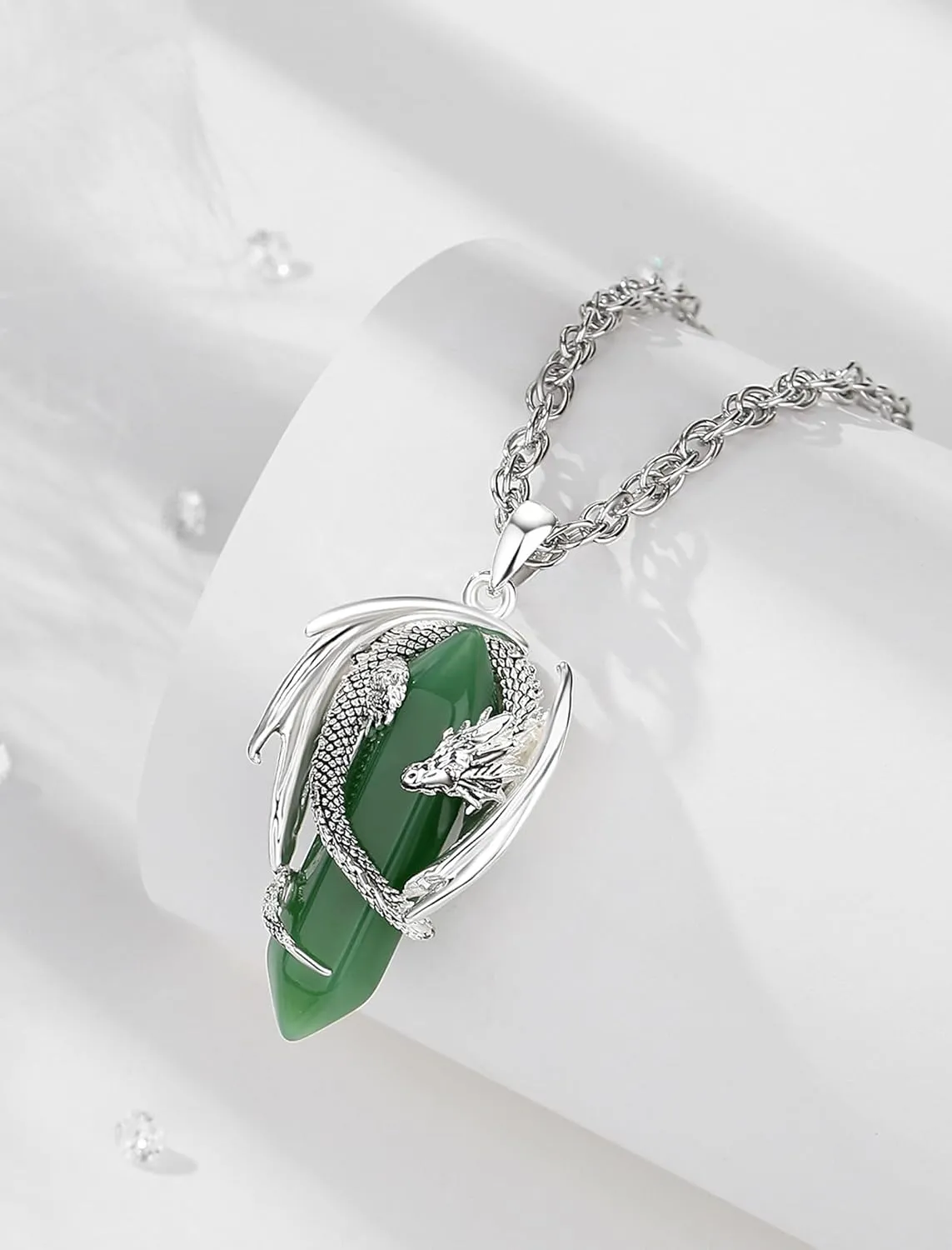 CELESTIA Silver-Plated Copper Dragon Necklace Crystal 7 Chakras, Rose Quartz, Turquoise, Obsidian, Amethyst, Malachite, White Crystal, Dongling Jade - 22'' 2'' Stainless Steel Singapore Chain