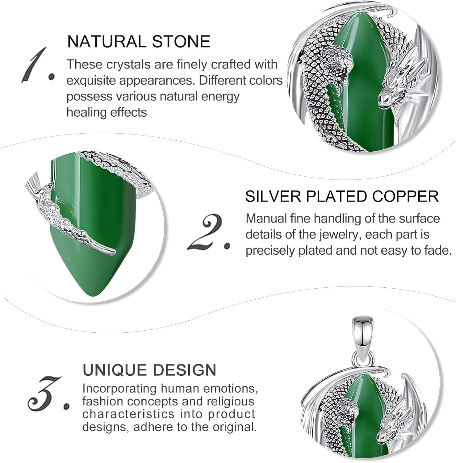 CELESTIA Silver-Plated Copper Dragon Necklace Crystal 7 Chakras, Rose Quartz, Turquoise, Obsidian, Amethyst, Malachite, White Crystal, Dongling Jade - 22'' 2'' Stainless Steel Singapore Chain